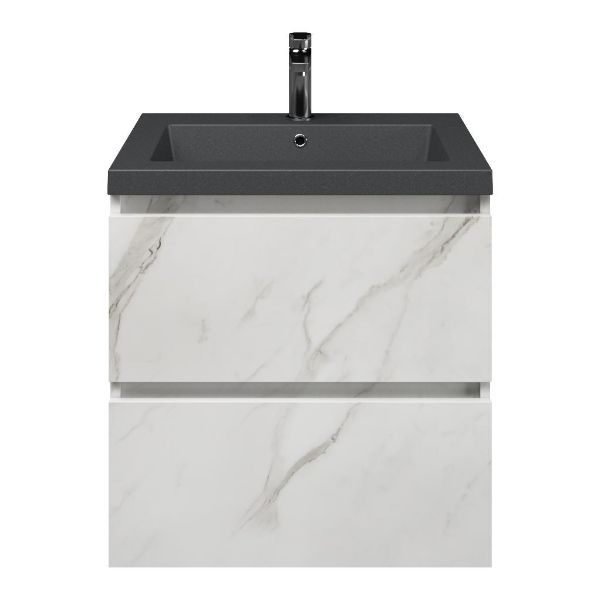 Westkapelle badmeubel 60 cm marmer structuur wit met quartz Cadzand-Q wastafel grijs mat, 1 kraangat