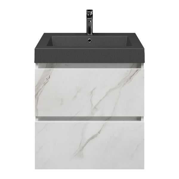 Westkapelle badmeubel 60 cm marmer structuur wit met quartz Cadzand-Q wastafel grijs mat, 1 kraangat