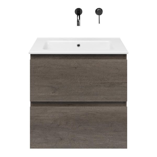 Westkapelle badmeubel 60 cm olm donker grijs met keramische Callantsoog wastafel wit glans, zonder kraangat