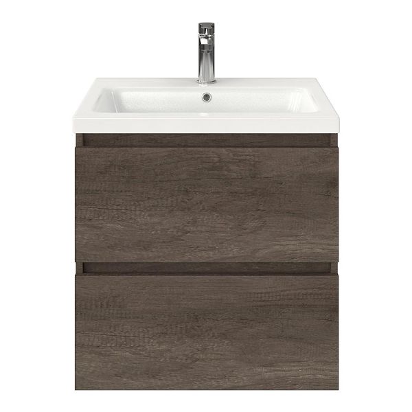 Westkapelle badmeubel 60 cm olm donker grijs met keramische Dishoek wastafel wit glans, 1 kraangat