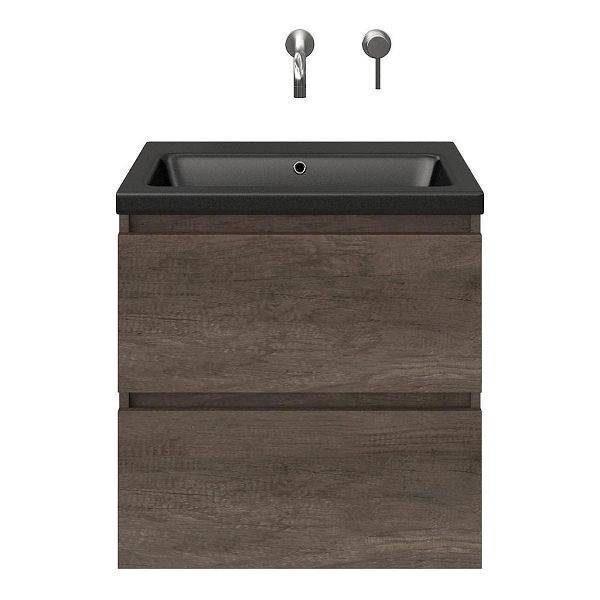 Westkapelle badmeubel 60 cm olm donker grijs met keramische Dishoek wastafel zwart mat, zonder kraangat