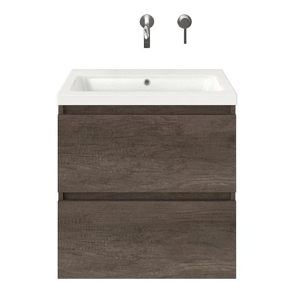 Westkapelle badmeubel 60 cm olm donker grijs met keramische Dishoek wastafel wit glans, zonder kraangat