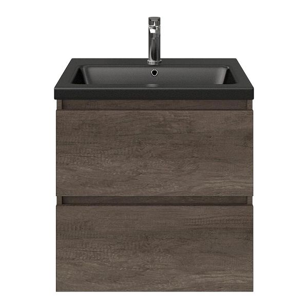 Westkapelle badmeubel 60 cm olm donker grijs met keramische Dishoek wastafel zwart mat, 1 kraangat