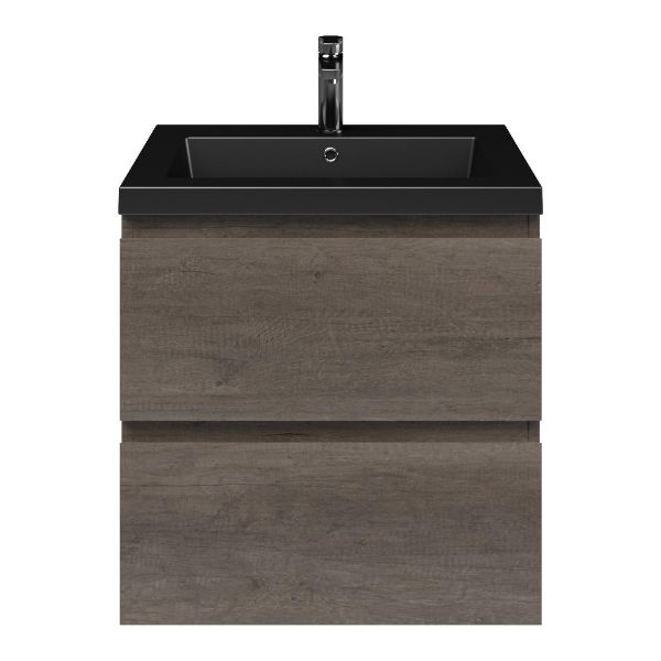Westkapelle badmeubel 60 cm olm donker grijs met polystone Cadzand wastafel zwart mat, 1 kraangat