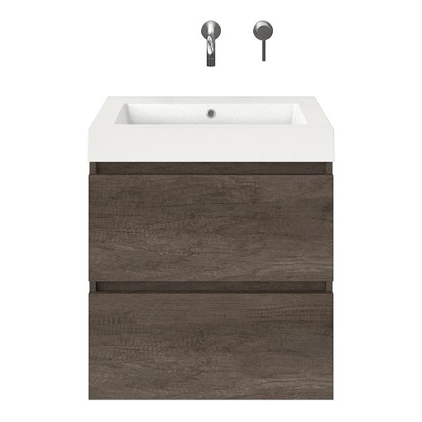 Westkapelle badmeubel 60 cm olm donker grijs met polystone Cadzand wastafel wit glans, zonder kraangat, 66 cm hoog