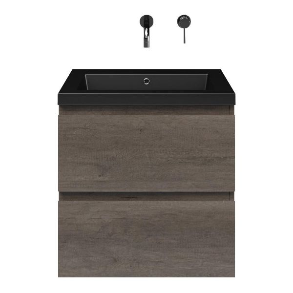 Westkapelle badmeubel 60 cm olm donker grijs met polystone Cadzand wastafel zwart mat, zonder kraangat