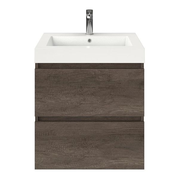 Westkapelle badmeubel 60 cm olm donker grijs met polystone Cadzand wastafel wit glans, 1 kraangat, 66 cm hoog