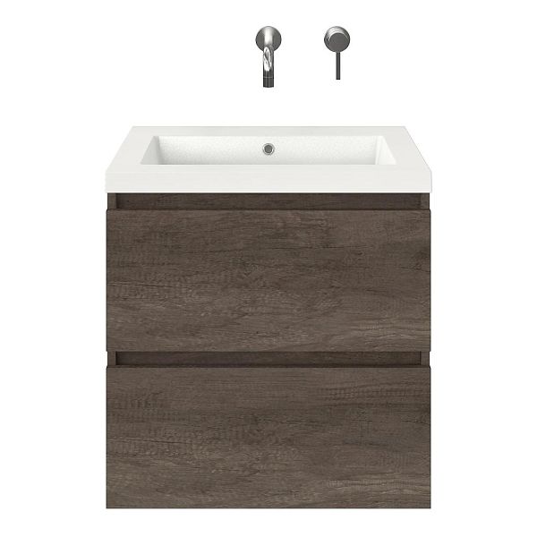 Westkapelle badmeubel 60 cm olm donker grijs met polystone Cadzand wastafel wit glans, zonder kraangat, 62 cm hoog