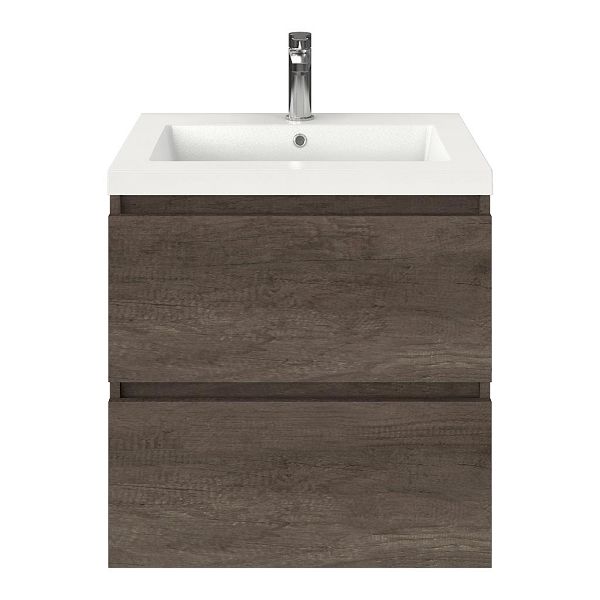 Westkapelle badmeubel 60 cm olm donker grijs met polystone Cadzand wastafel wit glans, 1 kraangat, 62 cm hoog