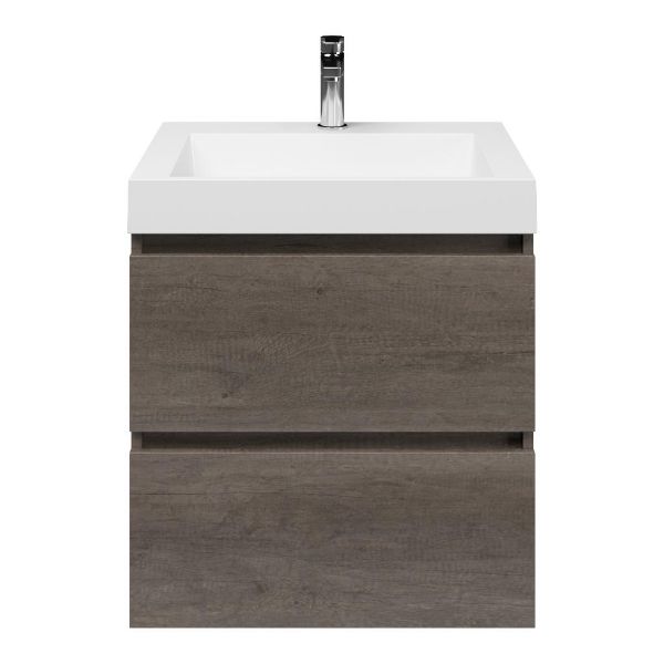 Westkapelle badmeubel 60 cm olm donker grijs met polystone Haamstede wastafel wit glans, 1 kraangat
