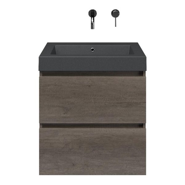 Westkapelle badmeubel 60 cm olm donker grijs met quartz Cadzand-Q wastafel grijs mat, zonder kraangat