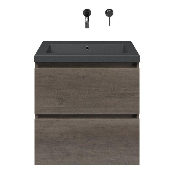 Westkapelle badmeubel 60 cm olm donker grijs met quartz Cadzand-Q wastafel grijs mat, zonder kraangat