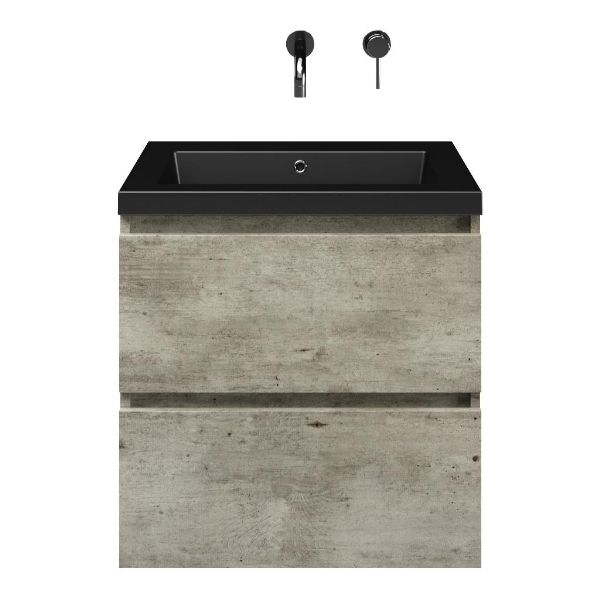 Westkapelle badmeubel 60 cm steigerhout licht grijs met polystone Cadzand wastafel zwart mat, zonder kraangat