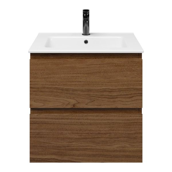Westkapelle badmeubel 60 cm warm noten met keramische Callantsoog wastafel wit glans, 1 kraangat