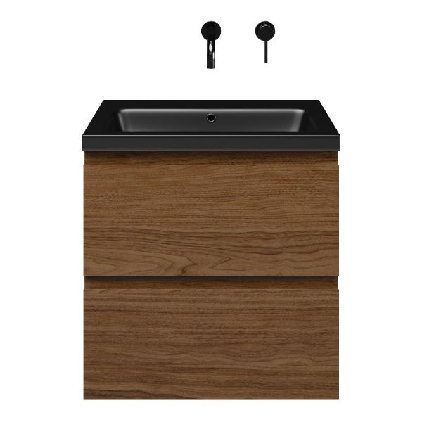 Westkapelle badmeubel 60 cm warm noten met keramische Dishoek wastafel zwart mat, zonder kraangat