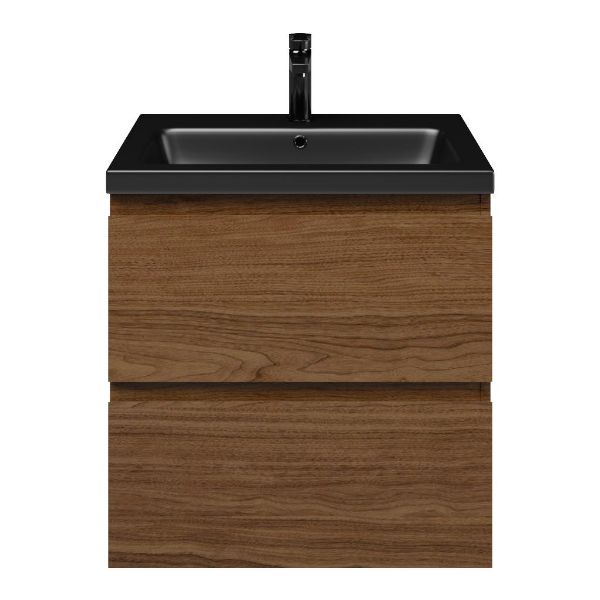Westkapelle badmeubel 60 cm warm noten met keramische Dishoek wastafel zwart mat, 1 kraangat