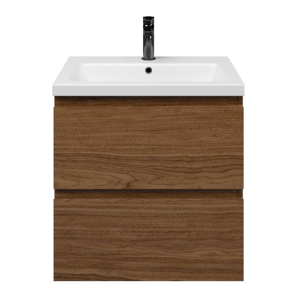 Westkapelle badmeubel 60 cm warm noten met keramische Dishoek wastafel wit mat, 1 kraangat