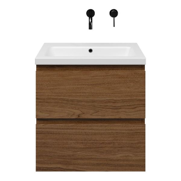 Westkapelle badmeubel 60 cm warm noten met keramische Dishoek wastafel wit mat, zonder kraangat