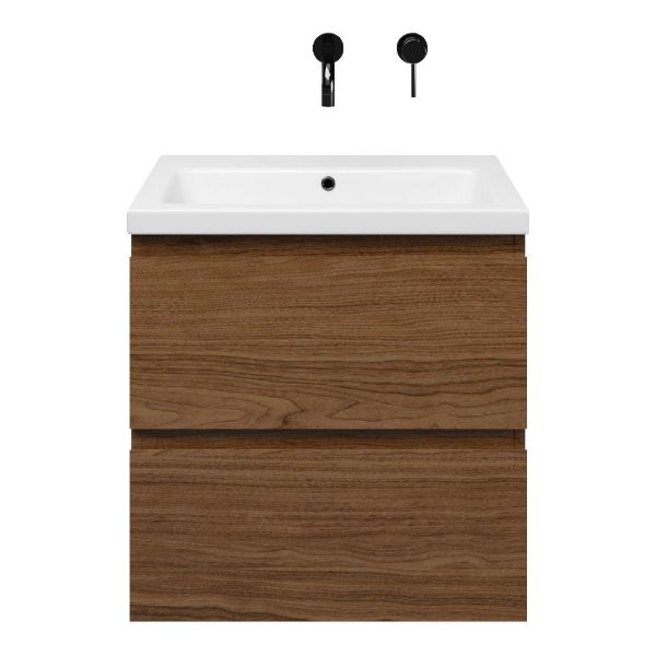 Westkapelle badmeubel 60 cm warm noten met keramische Dishoek wastafel wit glans, zonder kraangat