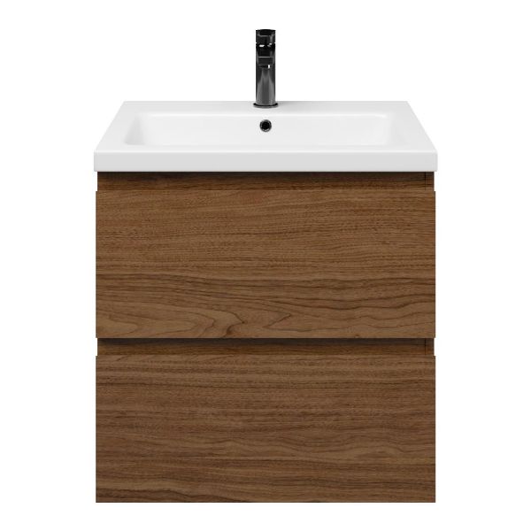 Westkapelle badmeubel 60 cm warm noten met keramische Dishoek wastafel wit glans, 1 kraangat
