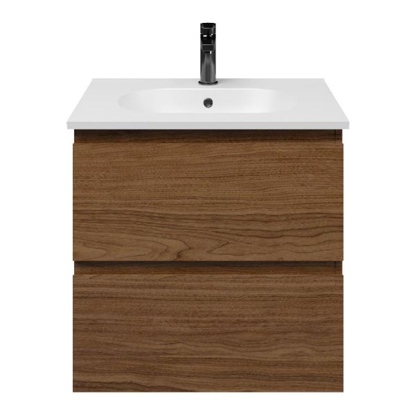Westkapelle badmeubel 60 cm warm noten met keramische Ellemeet wastafel wit mat keramiek