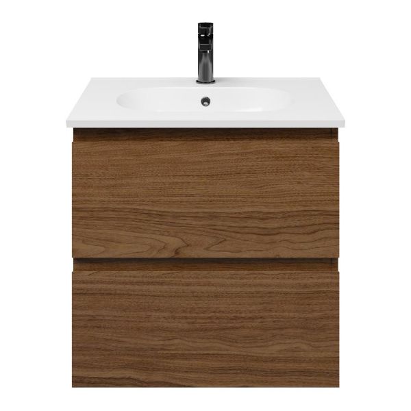Westkapelle badmeubel 60 cm warm noten met keramische Ellemeet wastafel wit glans