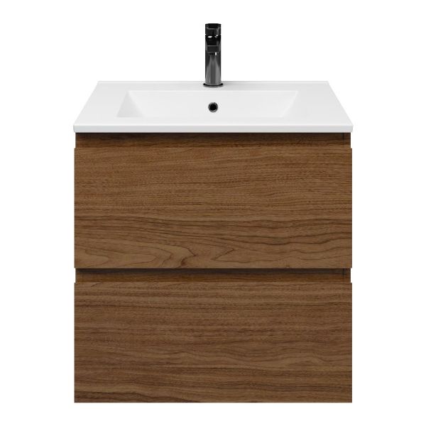 Westkapelle badmeubel 60 cm warm noten met keramische Huisduinen wastafel wit glans