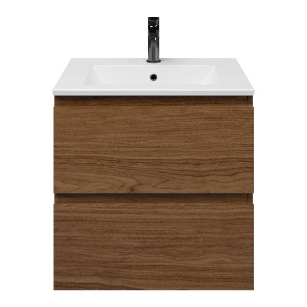 Westkapelle badmeubel 60 cm warm noten met keramische Huisduinen wastafel wit mat