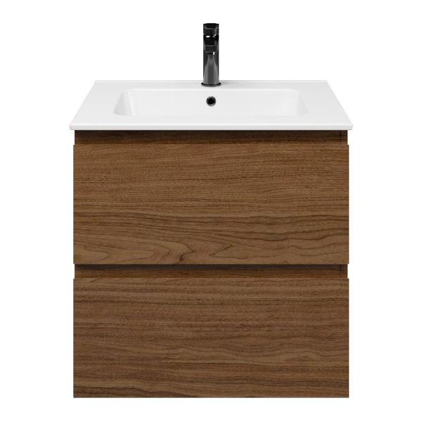 Westkapelle badmeubel 60 cm warm noten met keramische Quadra wastafel wit glans