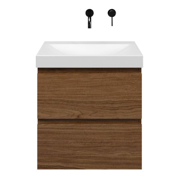 Westkapelle badmeubel 60 cm warm noten met keramische Rockanje wastafel wit mat, zonder kraangat