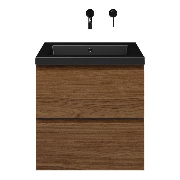 Westkapelle badmeubel 60 cm warm noten met polystone Cadzand wastafel zwart mat, zonder kraangat