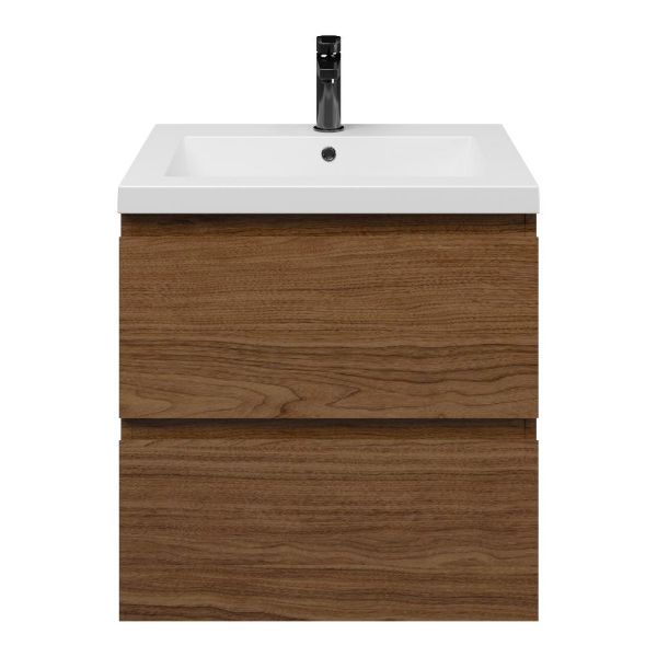 Westkapelle badmeubel 60 cm warm noten met polystone Cadzand wastafel wit mat
