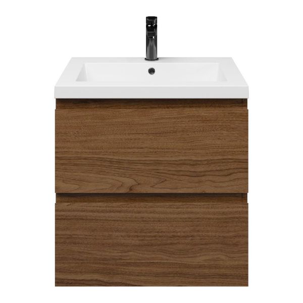 Westkapelle badmeubel 60 cm warm noten met polystone Cadzand wastafel wit glans, 1 kraangat