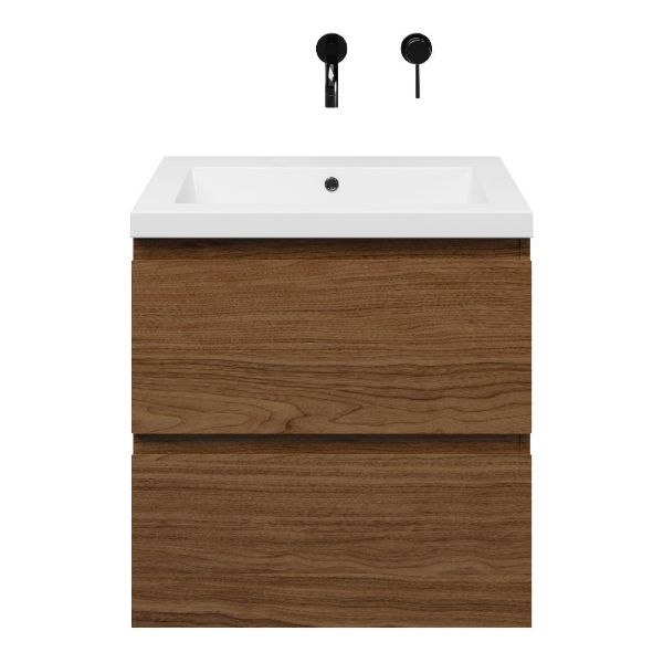 Westkapelle badmeubel 60 cm warm noten met polystone Cadzand wastafel wit glans, zonder kraangat