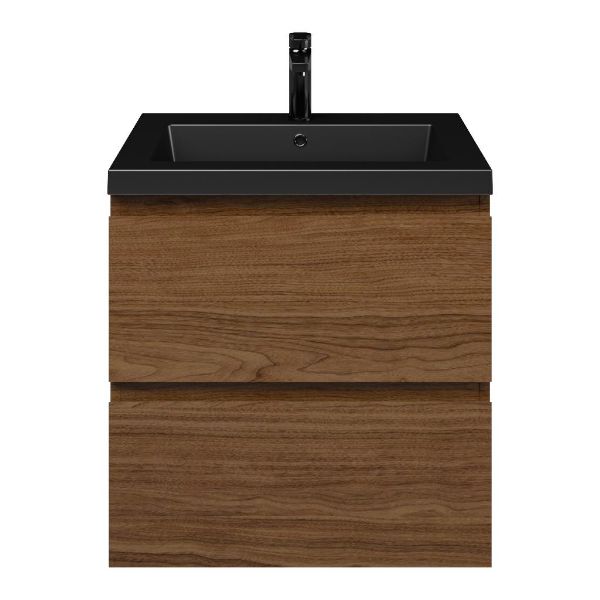Westkapelle badmeubel 60 cm warm noten met polystone Cadzand wastafel zwart mat, 1 kraangat