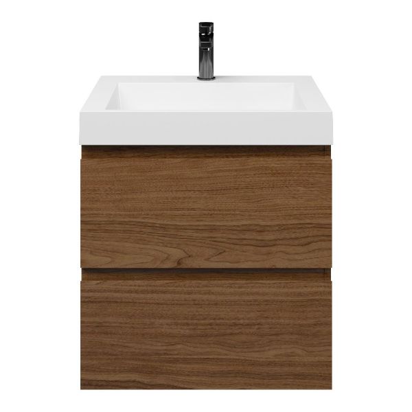 Westkapelle badmeubel 60 cm warm noten met polystone Haamstede wastafel wit glans, 1 kraangat