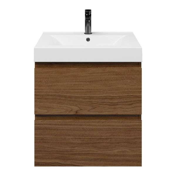 Westkapelle badmeubel 60 cm warm noten met polystone Wave wastafel wit glans