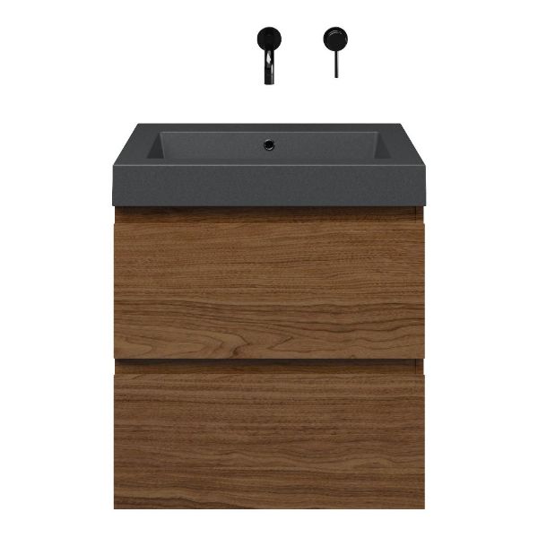 Westkapelle badmeubel 60 cm warm noten met quartz Cadzand-Q wastafel grijs mat, zonder kraangat