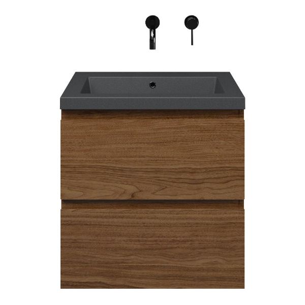 Westkapelle badmeubel 60 cm warm noten met quartz Cadzand-Q wastafel grijs mat, zonder kraangat