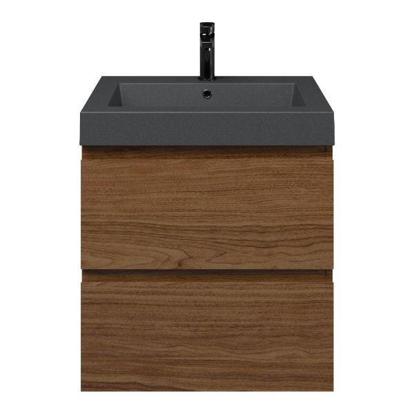 Westkapelle badmeubel 60 cm warm noten met quartz Cadzand-Q wastafel grijs mat, 1 kraangat