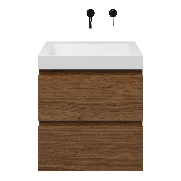 Westkapelle badmeubel 60 cm warm noten met quartz Haamstede-q wastafel wit mat, zonder kraangat