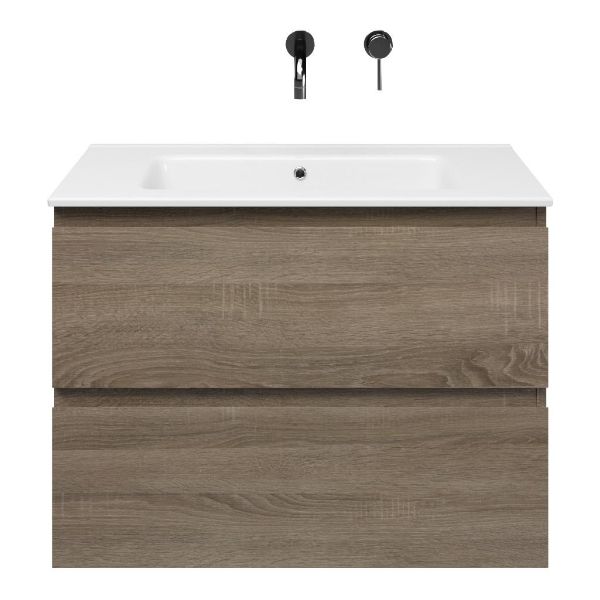 Westkapelle badmeubel 80 cm eiken donker met keramische Callantsoog wastafel wit glans, zonder kraangat