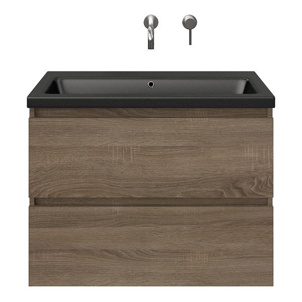 Westkapelle badmeubel 80 cm eiken donker met keramische Dishoek wastafel zwart mat, zonder kraangat