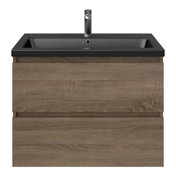 Westkapelle badmeubel 80 cm eiken donker met keramische Dishoek wastafel zwart mat, 1 kraangat