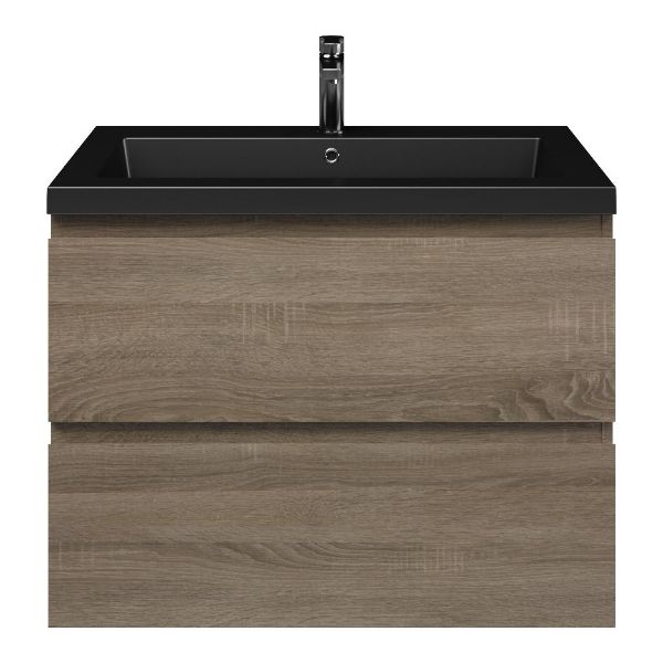 Westkapelle badmeubel 80 cm eiken donker met polystone Cadzand wastafel zwart mat, 1 kraangat