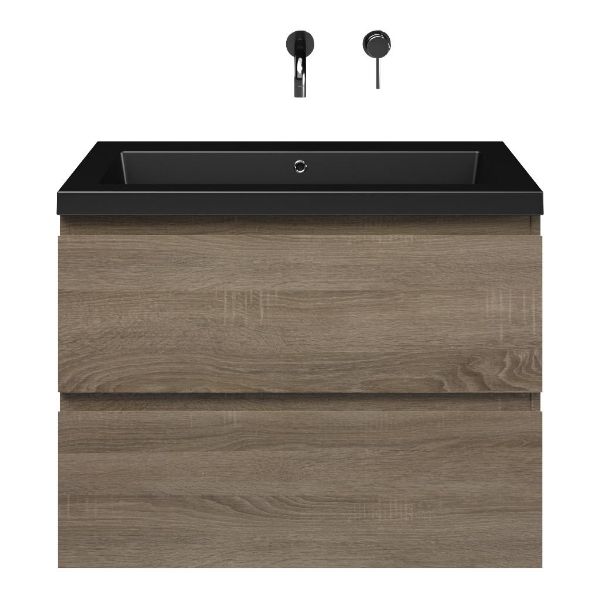 Westkapelle badmeubel 80 cm eiken donker met polystone Cadzand wastafel zwart mat, zonder kraangat