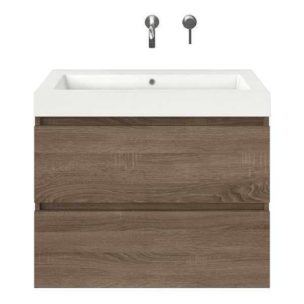 Westkapelle badmeubel 80 cm eiken donker met polystone Cadzand wastafel wit glans, zonder kraangat, 66 cm hoog