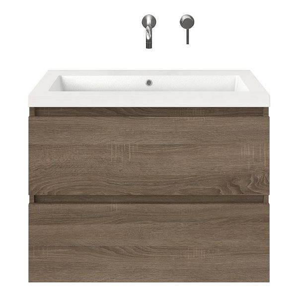 Westkapelle badmeubel 80 cm eiken donker met polystone Cadzand wastafel wit glans, zonder kraangat, 62 cm hoog