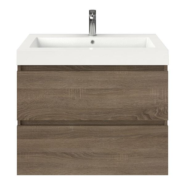 Westkapelle badmeubel 80 cm eiken donker met polystone Cadzand wastafel wit glans, 1 kraangat, 66 cm hoog
