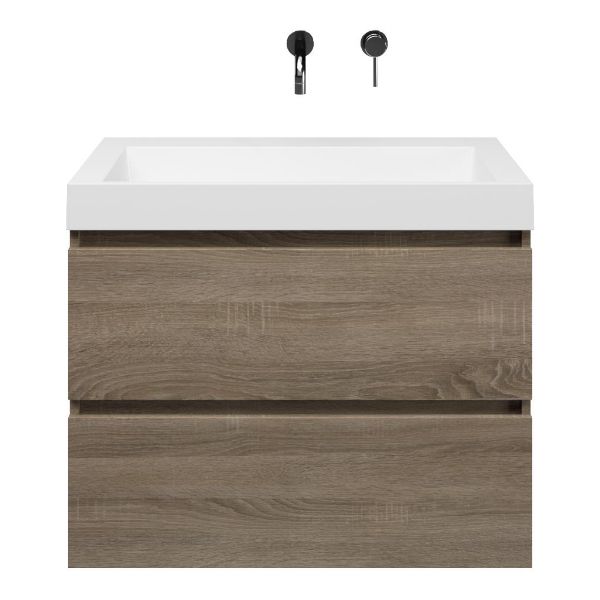 Westkapelle badmeubel 80 cm eiken donker met polystone Haamstede wastafel wit glans, zonder kraangat